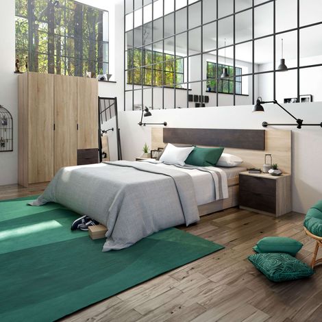 Pack de Dormitorio Andy Estilo Industrial en Color Roble Canadian y Óxido Cama + Cabecero con Mesitas + Cómoda + Armario