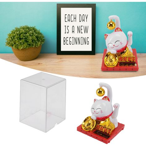 Glückskatze Solar-Dekoration – Weiße Glückskatzen-Statue, Dekoration für Zuhause, Büro oder Auto – Lichtempfindliche, solarbetriebene Dekofigur, tragbares Maskottchen, kleines Glöckchen, Geschenkset, (1/5)