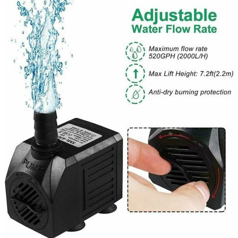 Pompe de fontaine, pompe submersible 150 GPH (8 W 600 L/H), petite pompe de fontaine extérieure silencieuse avec tuyau de 1 m (ID x 1/2), 2 buses pour bassin, aquarium, (1/4)