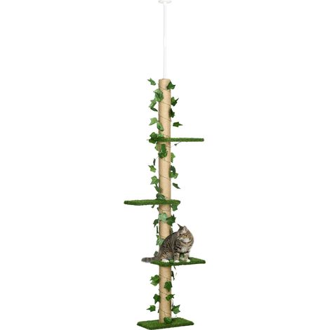 Albero Tiragraffi per Gatti Asta Regolabile a Soffitto Alto 202-242 cm Verde (1/5)