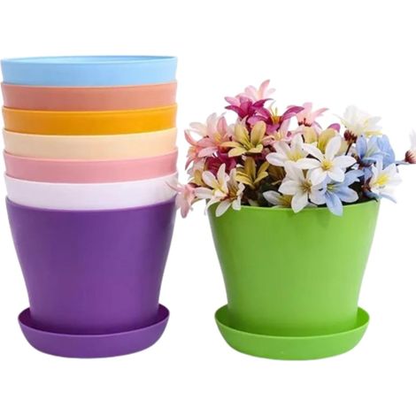 Lot de 10 pots de fleurs et soucoupes en plastique coloré avec plateaux d'égouttement pour décoration de maison ou de bureau (8 couleurs, 14 cm) (1/5)