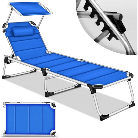 tillvex® Sonnenliege mit Dach und Kopfkissen Blau - Premium Polsterung  Gartenliege Liegestuhl klappbar  Strandliege mit verstellbarer Rückenlehne, gepolsterte Liegefläche  Aluminium Liege