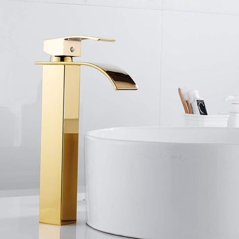 Rubinetto per bagno Ulisem, rubinetto per lavabo a cascata, rubinetto per bagno alto a cascata con acqua calda e fredda, ottone (ORO) (1/4)