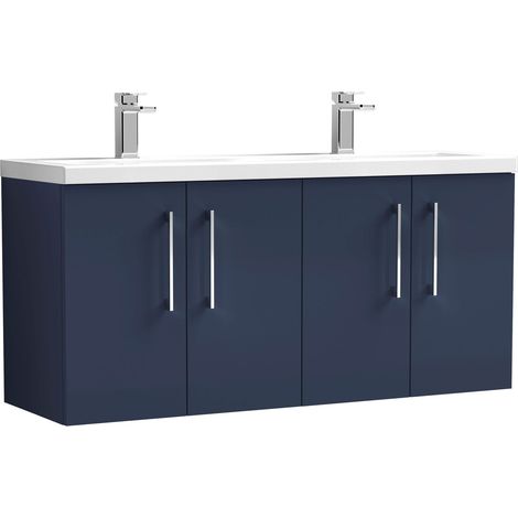 Nuie Arno Wall Hung 4-Door Vanity Unit with Double Ceramic Basin 1200mm Wide - Midnight Blue