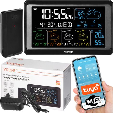 Station météo Wi-Fi Virone WS-6 – Écran couleur – Alimentation secteur ou 3 piles AAA – Prévisions météo 5 jours – Application Tuya Smart