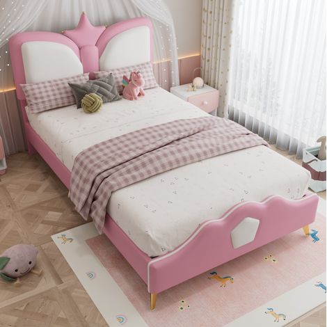Kinderbett 90x200 cm Rosa und Weiß aus PU mit Kronen-Kopfteil und weichen Schutzkanten (1/5)