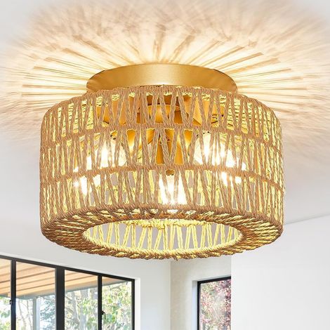 Plafonnier,Lustre Plafond - Abat-Jour Tressé Naturel Bohème, Ø30cm - E27 (Ampoule Non Incluse) - Pour Chambre, Salon, Salle à Manger (1/5)
