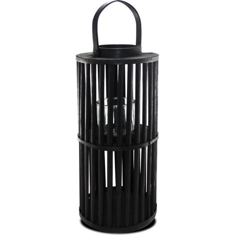Lanterne photophore - JUANIO - Lot de 2 - Cylindrique - Bois massif - Noir - Ø31 x H81 cm (1/3)