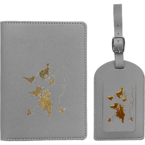 Lot étiquette de valise et housse passeport en cuir PU, carte monde, porte-bagage, cadeau voyage (1/5)