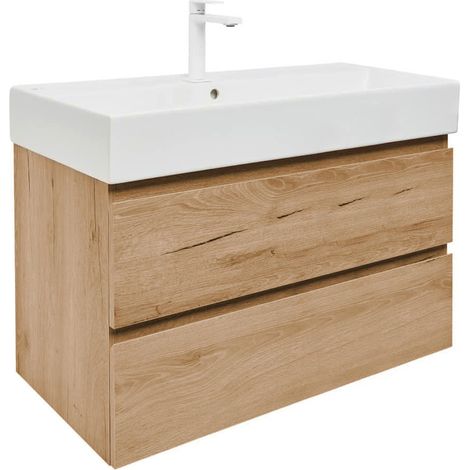 Meuble de salle de bains 2 tiroirs avec vasque céramique et mitigeur - SAT - B-Way - 99x50x45 - Chêne (décor) - Chêne