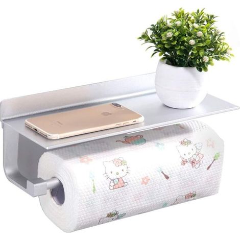 Porte-rouleau de cuisine avec étagère, auto-adhésif, gain de place, en aluminium, pour salle de bain et cuisine (1/4)