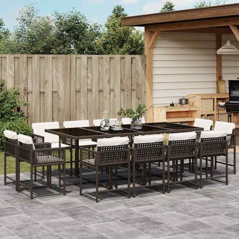 Ensemble repas de jardin 1 table et 12 chaises en résine tressée marron avec coussins - PANGIVO (1/5)
