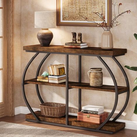 Console table industrielle 41,3 pouces – meuble de rangement 3 niveaux – design métal arrondi pour entrée et salon,Marron