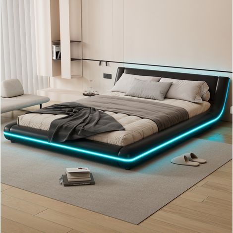 MEUBLIV Lit 140x200 cm noir – cadre bas avec LED d'ambiance et tête de lit, sans matelas (1/5)