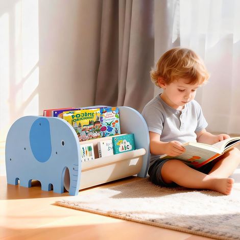 Bibliothèque enfant double face 2 niveaux – Étagère à livres en bois avec motif éléphant, rangement bleu pour chambre et salle de jeux (1/5)