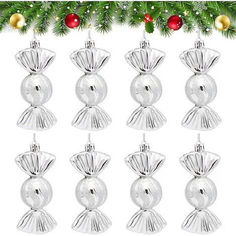 10 pendentifs bonbons pour sapin de Noël, décorations argentées de 12 cm. (1/5)