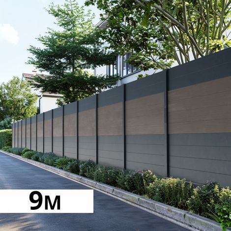 Kit Clôture Aluminium BAHIA & CRUZ Argent 9,20x1,8m - Bois Composite & Aluminium - Poteaux Gris - Brise Vue - Palissade
