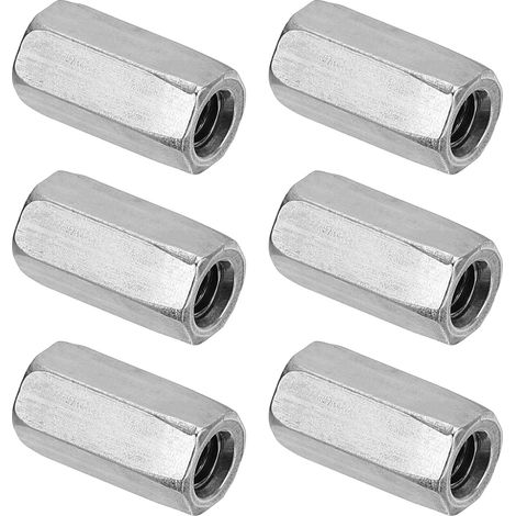 Ecrou Long M6 x 1 de Pas Écrou Hexagonal en Acier Inoxydable 304, 6Pcs 20mm/ 0.8" Longueur Raccords de Tige Filetés Grossiers, Écrous de Couplage, Ton Argent (1/5)