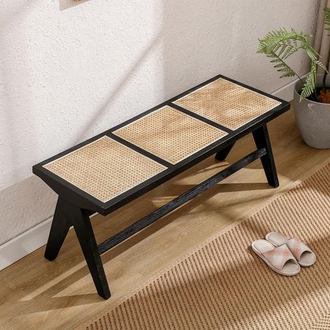 Wahson Rattan Dining Bench – Rustic Entryway Bench with Solid Wood Legs, Versatile Ottoman for Living Room, Bedroom, Hallway, Black (1/5)