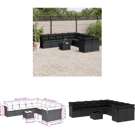 11-tlg. Garten-Sofagarnitur mit Kissen Schwarz Poly Rattan - Gartenmöbel - Esstischgarnitur - Lounge Set - Outdoor Möbel - Rattan Sofa - Home & Living