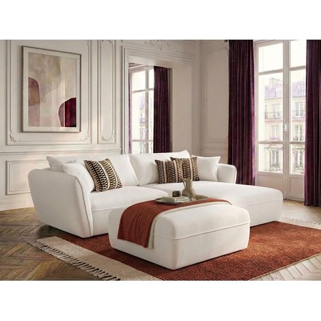 BOBOCHIC - Canapé d'angle fixe LUIGI tissu lisse avec pouf Angle droit Blanc (1/5)