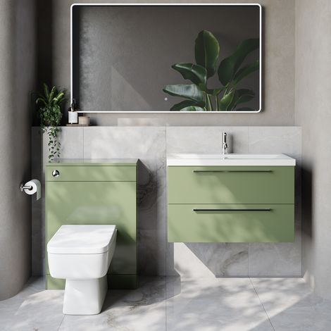 Napoli 390 Cento Olive Green 1400mm Wall Mounted 2 Drawer Vanity Unit and Toilet Suite with Glide Basin - 1400mm - Chrome 480mm HandleWith Kingston Toilet Pan and Seat