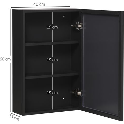 Meuble vasque mural design avec miroir, 3 tablettes, finition noir, 40 x 15 x 60 cm, parfait pour salle d'eau et optimisation d'espace. (1/5)