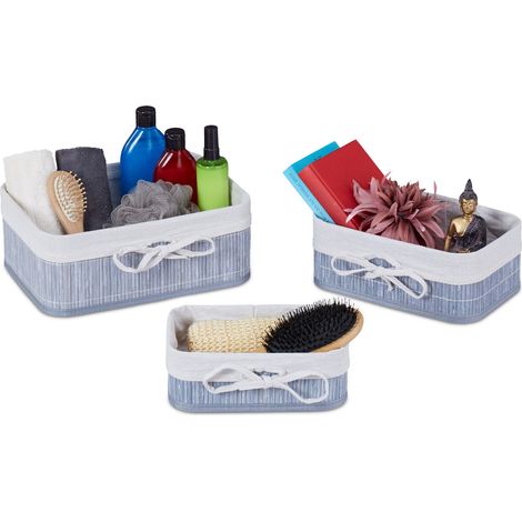 Relaxdays Bamboo Storage Basket Set of 3, Fabric Lining, Shelf Organiser in Different Shapes and Sizes, Grey/Creme