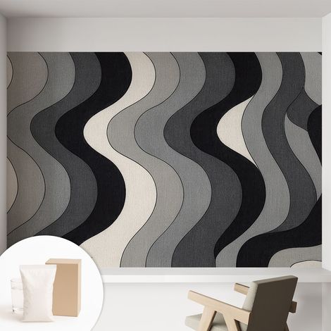 Papier peint décoratif avec colle pour salon, chambre à coucher et bureau – Design moderne et facile à poser Vagues grises 152x104 cm (1/5)