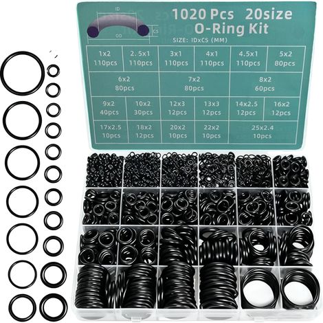 Kit de reparación de juntas tóricas, 1020 piezas, material de caucho de silicona, varios tamaños, adecuado para aplicaciones de reparación, uso para la prevención de fugas. (1/5)