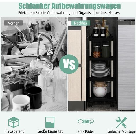 Rollwagen mit 4 ebenen nischenregal mit rollen und seitlichen haken schwarz 40 x 21 x 595 cm