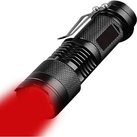 Hochleistungs-LED-Taschenlampe mit 3 Modi (rot, blau, grün), variablem Fokus mit Clip, ideal für Astronomie, Luftfahrt und Nachtbeobachtung (rot). (1/5)