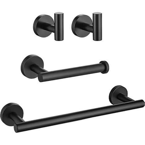 Juego de 4 accesorios de baño: toallero, gancho para bata, portarrollos de papel higiénico y toallero de pared fabricado en acero inoxidable 304 negro. (1/5)