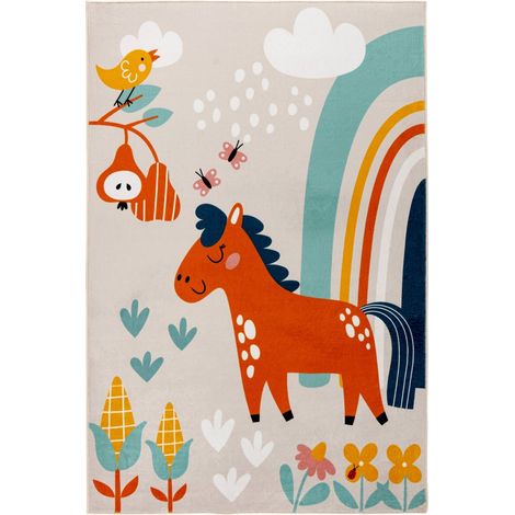 Tapis enfant multicolore motif cheval lavable doux - 160 x 115 cm (1/5)
