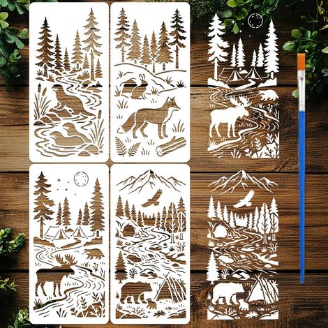 4Pièces Pochoirs Animaux Naturels De La Forêt Avec Un Pinceau 30x15cm Pochoirs Peinture Montagnes et Forêts Modèle Thèmes Naturels Réutilisables PET pour Bois Sol Carrelage Mur Tissu DIY (1/5)