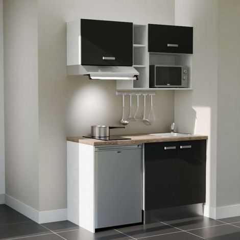 Kitchenette K13 Noir - Plan de travail Bois - Crédence : Non - Electroménager : Inox