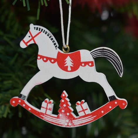 Decorazioni natalizie per albero di natale cavallo a dondolo Cavallucci rosso bianco addobbi decorazioni set da 12 in legno (1/5)