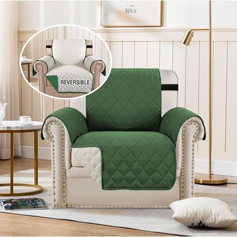 Housse de Chaise pour Chien Résistante à l’Eau, Housse Réversible pour Canapé, Protège-Meuble Matelassé avec Sangle Élastique, Housse Lavable pour Salon (Fauteuil, Vert Noël/Beige) (1/4)