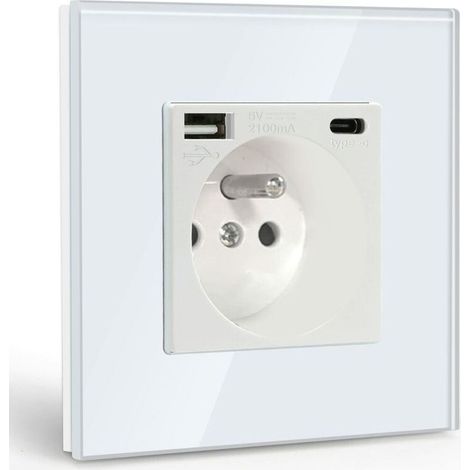 Prise Murale avec USB et 1 Type C,Blanc courant alternatif avec Panneau en verre cristal,Multiprise Murale avec USB(max2.1A),convient à la smartphone,à la tablette (1/4)