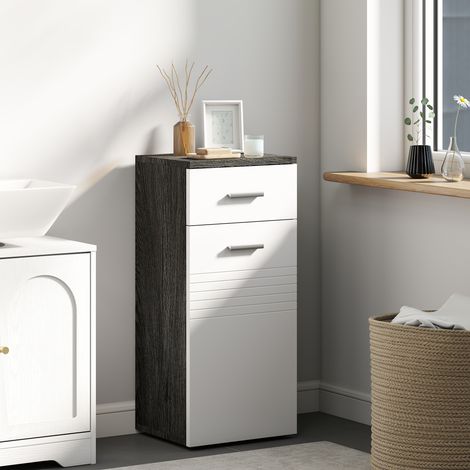 Armoire salle de bain avec tiroir et placard 1 porte, bois compact, polyvalente cuisine salon salle de salle à manger, noir et blanc
