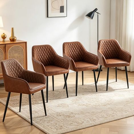 Dining Chairs 4pcs PU Leather Kitchen Chairs Upholstered Seat with Backrest and Armrest Office chair, Brown