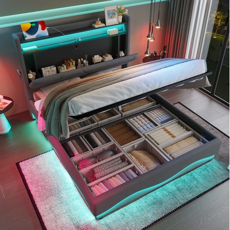 letto contenitore 160x200 LED USB velluto grigio OKMYHOME (1/5)