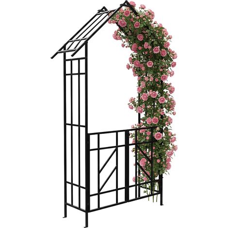 Relaxdays Rosenbogen mit Tor, Spitzdach, Rankhilfe, Vorgarten & Garten, Torbogen HBT: 247 x 148 x 43 cm, Metall, schwarz