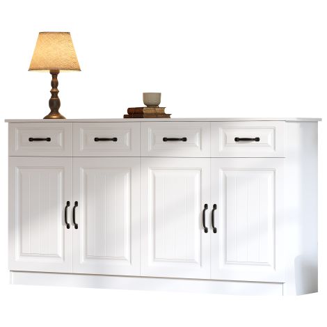 Buffet blanc en MDF 4 tiroirs 4 portes design gaufré largeur 160cm (1/5)