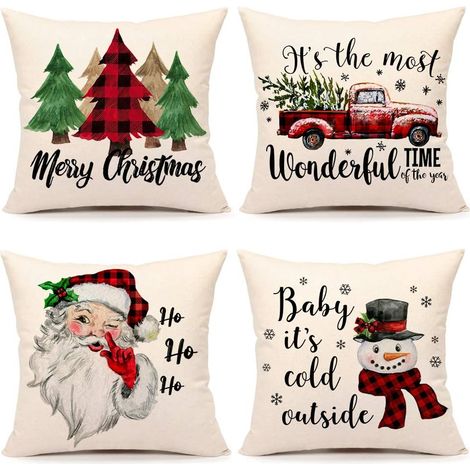 Juego de 4 fundas de cojín, 45x45 cm, estampado a cuadros rojos y negros, estilo rústico, decoración de invierno, para sofá. (1/5)