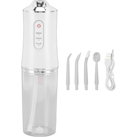Hydropulseur Dentaire Portable Sans Fil - 4 Buses, Élimine la Mauvaise Haleine, Étanche, Irrigateur Buccal Électrique Blanc (1/5)