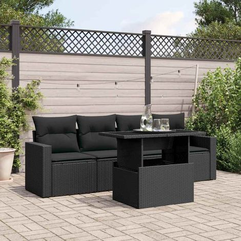 Ensemble Jardin 5 Places Noir Résine Tressée avec Coussins - Table Réglable Hauteur, Meuble Extérieur Modulaire Polyrotin (1/4)