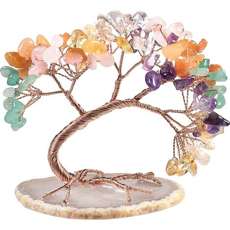 7.6cm Chakras Pierres Naturelles Arbre d'argent sur Base de Tranches d'agate Arbre de Vie Reiki Feng Shui Cristal Décor de Bureau (1/5)