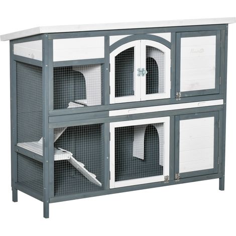 PawHut Rabbit Hutch Outdoor Guinea Pig Hutch 2 Tier Wooden Cage w/ Ramp, Divider, Openable Roof, 125 x 48 x 100cm - Grey