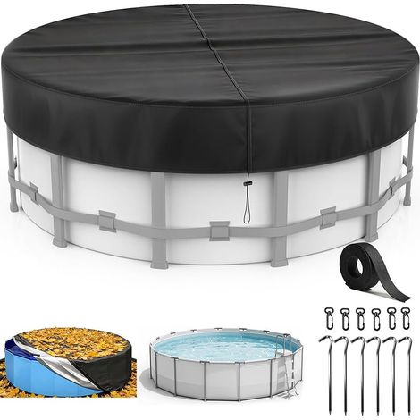 Bache Piscine Ø 365,pour Bassins 320-363cm,Couverture Piscine avec Cordon Serrage et Ancrages Terrestres,Bâche Protection pour Piscine,Protection UV,Antipoussière,pour Piscines Hors-Sol et Trampolines